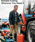 Plug And Play Portable Rechargeable Fuel Transfer Pump Three Gallons Per Minute for Gasoline and Diesel in use refueling a tractor.
