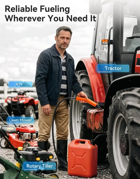 Plug And Play Portable Rechargeable Fuel Transfer Pump Three Gallons Per Minute for Gasoline and Diesel in use refueling a tractor.