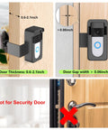 Anti-Theft Doorbell Camera Mount No-Drill For Battery Doorbells installation guide showing door thickness compatibility.