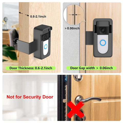 Anti-Theft Doorbell Camera Mount No-Drill For Battery Doorbells installation guide showing door thickness compatibility.
