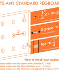 Diagram showing compatibility of Eight Pack Pegboard Hooks For One Quarter Inch Pegboards with installation instructions.