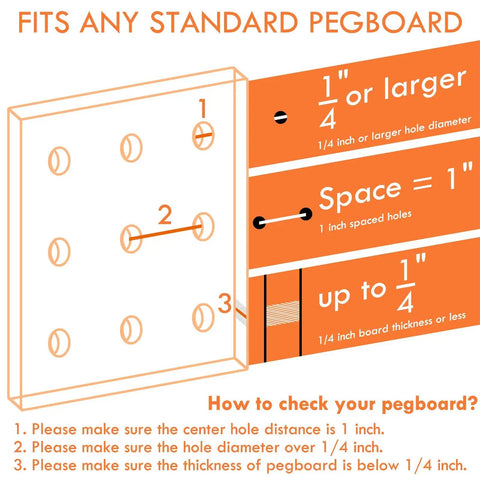 Diagram showing compatibility of Eight Pack Pegboard Hooks For One Quarter Inch Pegboards with installation instructions.
