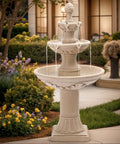 Three Tier Outdoor Water Fountain For Garden And Patio Freestanding 48 Inch Tall Water Feature With Pump in a garden setting.