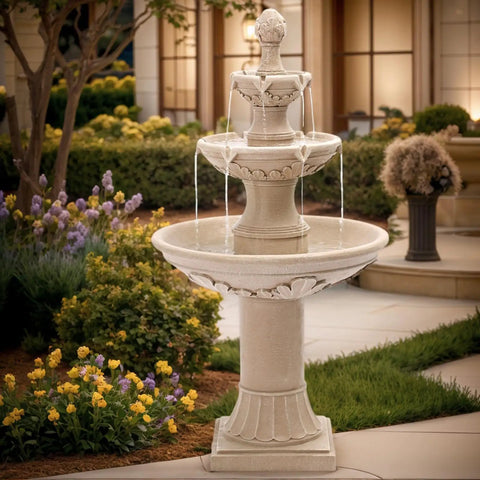 Three Tier Outdoor Water Fountain For Garden And Patio Freestanding 48 Inch Tall Water Feature With Pump in a garden setting.