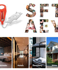 Portable Travel Door Lock No Drill Install Easy To Use For Airbnb And Hotel Rooms Privacy And Extra Safety Solid Removable Door Jammer Latch shown with various room settings.