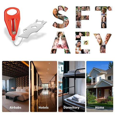 Portable Travel Door Lock No Drill Install Easy To Use For Airbnb And Hotel Rooms Privacy And Extra Safety Solid Removable Door Jammer Latch shown with various room settings.