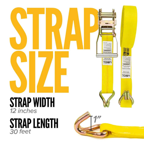 Ultra Badass Heavy Duty J Hook Ratchet Straps For Hauling Cargo On Trailers And Pickups Two By Twelve Feet 10k Break Strength Yellow Polyester Tie Downs 12 inch wide, 30 feet long ratchet strap.