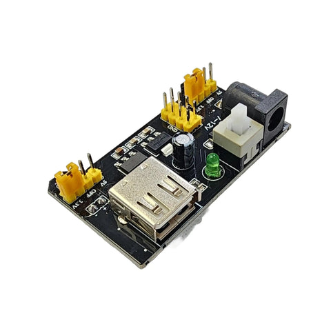 Two Pack Breadboard Power Supply Modules With 3.3V Or 5V Selectable Output For Solderless Breadboards Ideal For Arduino ESP32 ESP8266 Raspberry Pi And DIY Electronics Projects, showing USB and DC input connectors, yellow jumpers, mounted vertically.