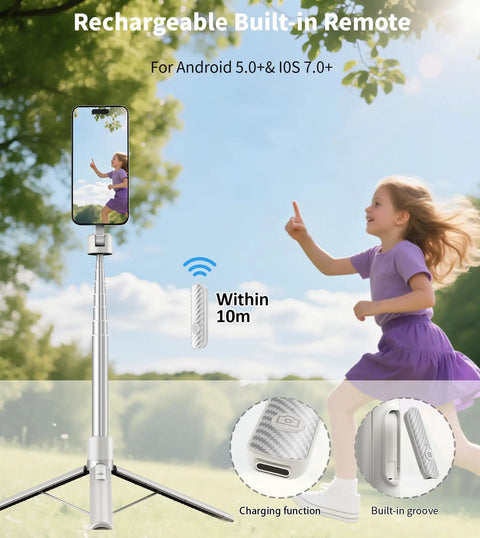 Child running with 68 Inch Magnetic Selfie Stick Tripod with Aluminum MagSafe Holder, 360 Degree Rotating Phone Stand in park.