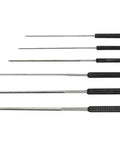 Six Large Cutting Broaches In Case 0.80 To 2.30 Millimeters Set For Hole Enlargement And Alignment Pro Grade Jewelry Making And Wax Work Kit Pre Tap And Die Prep With Handy Plastic Handles arranged in a row