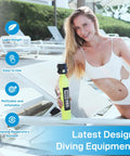 Woman holding 0.5L Mini Scuba Tank DOT Certified Backup Air Pony Bottle for Underwater Shooting and Emergency Rescue Operations.