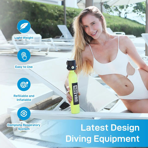 Woman holding 0.5L Mini Scuba Tank DOT Certified Backup Air Pony Bottle for Underwater Shooting and Emergency Rescue Operations.