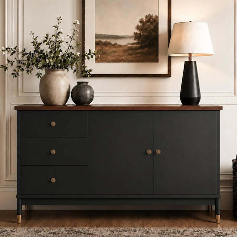 Dark dresser with Antique Brass Cabinet Knobs Set, 12 Pack, 1 Inch Round Dresser Drawer Knobs visible in a room setting.