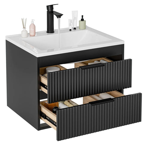 24 Inch Modern Mdf Bathroom Vanity With Sink Wall Mounted Floating Cabinet Featuring Smooth Glide Drawers And Matte Black Handles For A Top Shelf Bathroom Glow Up And Zero Clutter Setup