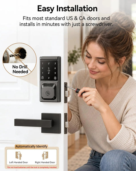 Slick Fingerprint Smart Lock With Smooth Keyless Entry, AI Self Learning Handle Set, App Pin Code And Key Fob Access installation on door.