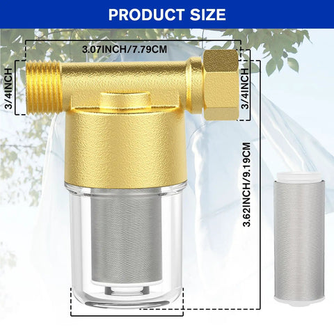 Bulletproof 40 Micron Brass Sediment Filter For Washers, 3.07" gold body and 3.62" transparent screen for filtration.