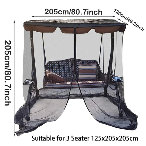 Bug Free Patio Swing Mosquito Netting With Zipper Door And Waterproof Roof For Outdoor Porch Swing 3 Seater shown with dimensions