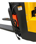 Charging port and cable detail of Fully Electric Thin Leg Pallet Stacker With 130 Inch Height Capacity And 3307 Pound Payload.