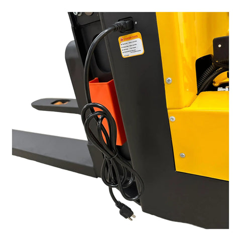 Charging port and cable detail of Fully Electric Thin Leg Pallet Stacker With 130 Inch Height Capacity And 3307 Pound Payload.