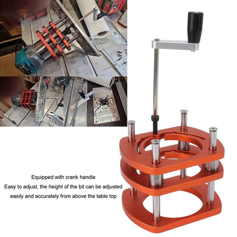 Heavy Duty Pro Grade Router Lift Base Aluminum Alloy Kit With Four Jaw Clamping Router Table Insert Plate Lifting System For Woodworking Engraving And DIY Projects On Small Trimming Machines, orange aluminum lift with crank handle