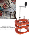 Heavy Duty Metal Router Lift Base Kit With Four Jaw Clamp And Smooth Crank Handle For Woodworking Tables showing orange metal structure.