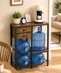 5 Gallon Water Jug Holder With 4 Slots Sturdy Water Dispenser Stand With Drawers And Wood Shelves in a kitchen setting