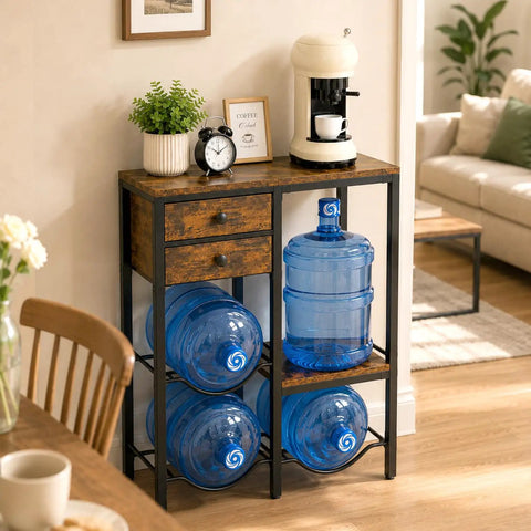 5 Gallon Water Jug Holder With 4 Slots Sturdy Water Dispenser Stand With Drawers And Wood Shelves in a kitchen setting