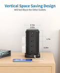 Ultimate Surge Protector Power Strip Tower With 16 Widely Spaced Outlets And 4 USB Ports placed on a desk next to a book and phone