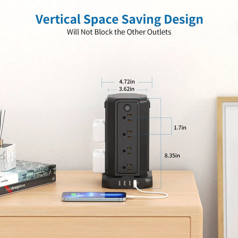 Ultimate Surge Protector Power Strip Tower With 16 Widely Spaced Outlets And 4 USB Ports placed on a desk next to a book and phone