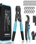 SHALL PEX crimping and cinch tool kit with blue-handled pliers, storage case, pipe cutter, and 30 clamps (20x1/2, 10x3/4).