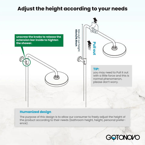 Diagram showing height adjustment of Oil Rubbed Bronze Shower Faucet Set With 8 Inch Rainfall Shower Head Handheld Spray Double Lever Handle Bathtub Spout Wall Mount Triple Function Lux Bath Setup Built To Last Premium Brass Anti Rust Finish 1.35 GPM with adjustable arm