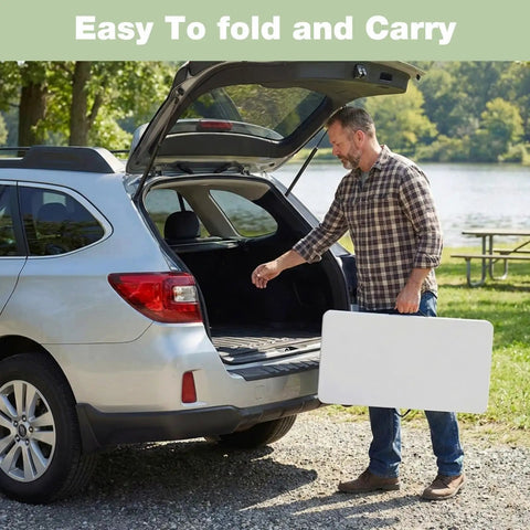 Man carrying 34 Inch Square Folding Table For Four With 330 Lbs Capacity Built Tough HDPE Top And Heavy Duty Steel Legs