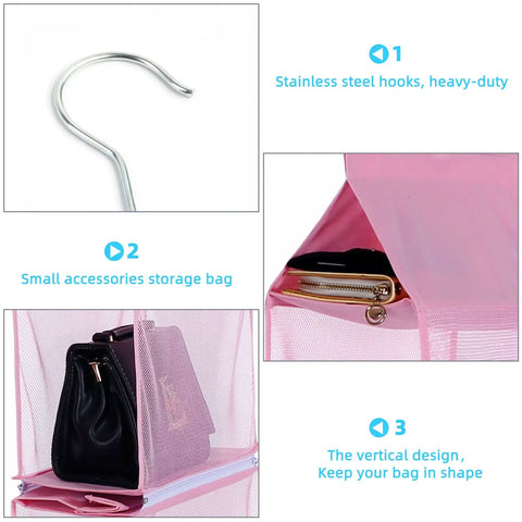 Space Saving Hanging Purse Organizer With Four Compartments For Closet Storage featuring stainless steel hook and mesh design