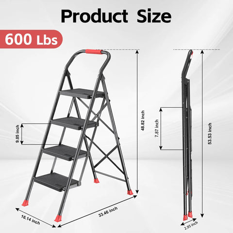 Heavy Duty 4 Step Folding Step Stool Ladder With Handrails For Home Kitchen And Garage Extendable Tall Design Non Slip Supports Up To 600 Pounds Compact Indoor House Ladder, 48.82 inch tall, alloy steel
