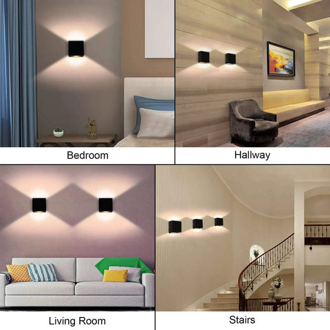 Dimmable 10W LED Indoor Wall Sconce in black finish, warm 3000K glow in bedroom, hallway, living room, and stairs.