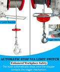 Heavy Duty 1760 Lbs Electric Hoist Winch With Dual Wired And Wireless Remote Controls Featuring Smart LED Status Light For Garage Warehouse Jobs Or Factory Lifts Offering 33 To 65 Feet Height Coverage showing upper limit bracket and trigger mechanism.