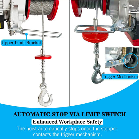 Heavy Duty 1760 Lbs Electric Hoist Winch With Dual Wired And Wireless Remote Controls Featuring Smart LED Status Light For Garage Warehouse Jobs Or Factory Lifts Offering 33 To 65 Feet Height Coverage showing upper limit bracket and trigger mechanism.
