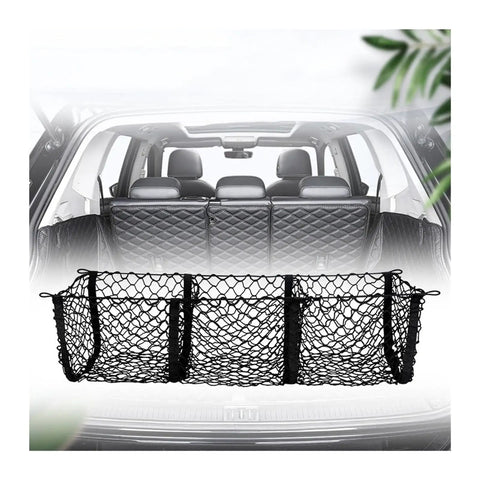 Three Compartment Hammock Cargo Net For Tesla Cybertruck 2024 Plus Trucks, black storage mesh bag designed for truck tailgates.