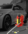 Beefy 20 Ton Bottle Jack With Manual Hand Pump And Air Hydraulic Lift next to grey car for auto and truck repair