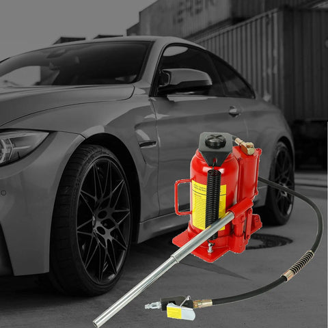 Beefy 20 Ton Bottle Jack With Manual Hand Pump And Air Hydraulic Lift next to grey car for auto and truck repair