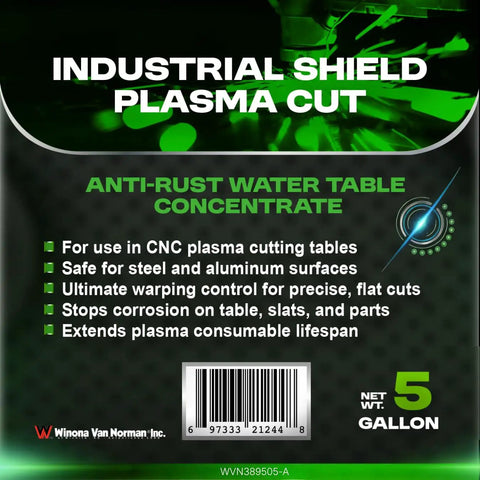 Label of Pro Grade Green Coolant For Plasma Cutting That Protects Table Surfaces And CNC Beds From Rust With Slag Release Formula 5 Gallons