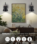 Living room with battery powered black industrial wall sconces set of 2 with remote control USB rechargeable no wire install