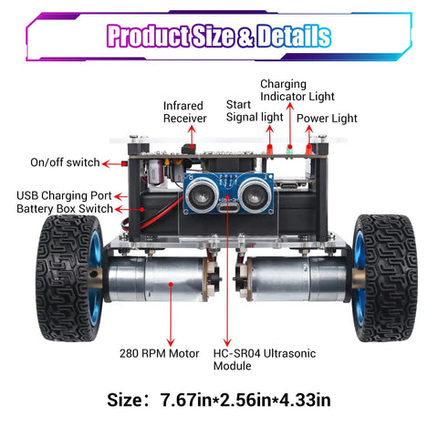 Hands On DIY Self Balancing Robot Car Kit For STEM Practice With ESP32 Board Ultrasonic Obstacle Avoidance And Soldering Practice WiFi And IR Dual Control Educational Electronics Kit For Teens And Kids 15 Plus, front view, 7.67x2.56x4.33in