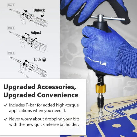 Pro Grade Precision Torque Screwdriver 10 To 50 Inch-Pounds With 1 Quarter Inch Hex Bit Holder being used with T-handle.
