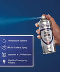 Hand using Leak Sealer Spray For Roofs Gutters Pipes And Cracks Waterproof Sealant For Outdoor Repairs All Weather UV Resistant