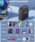 All In One 800W USB C Charging Station With 10 Ports GaN5 PD Fast Charger for various devices, shown with laptop and phone icons.