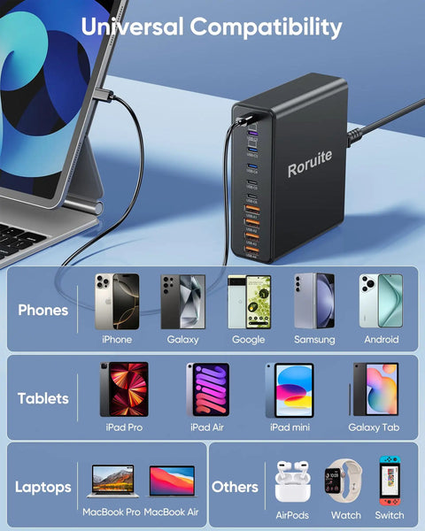All In One 800W USB C Charging Station With 10 Ports GaN5 PD Fast Charger for various devices, shown with laptop and phone icons.