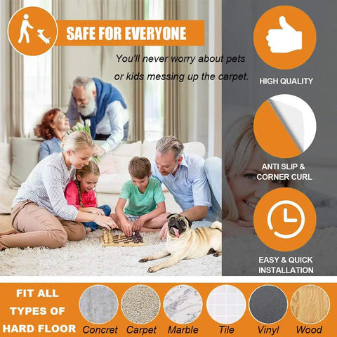 Family playing on rug with dog, showcasing Ultra Sticky Rug Grippers For Anti Curling Non Slip Rug Tape Keeps Your Rug In Place 