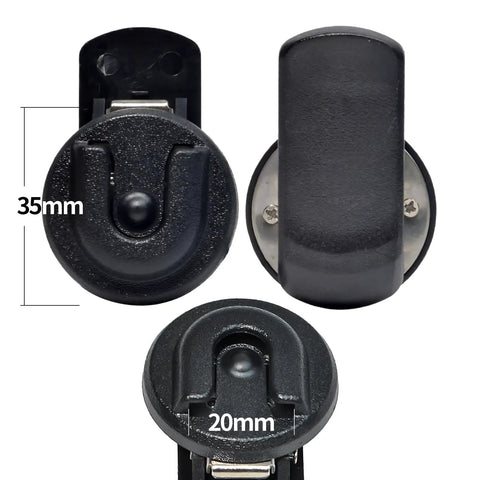 Round Knob Microphone Hanger Mount With Back Clip For CB Radios shown in front, side, and bottom view with dimensions 35mm and 20mm
