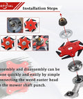 Installation steps for Universal 6 Steel Razors Weed Eater Head With Adapter Kit for straight shaft trimmers and 1-inch gearbox.